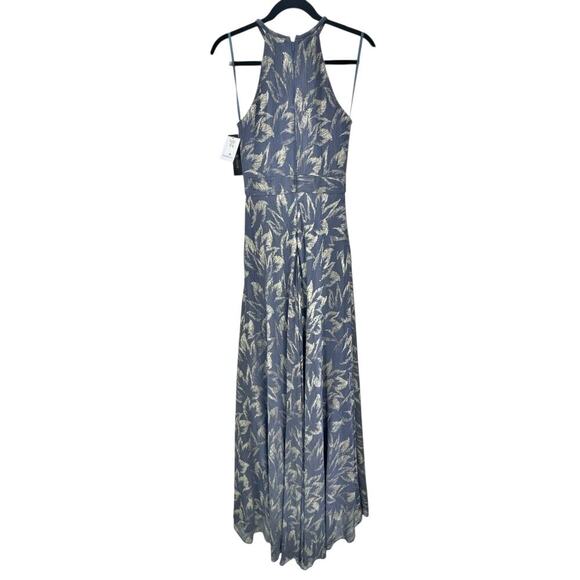 Betsy & Adam Long Foil Print Halter maxi Dress Sleeveless Steel/Gold Size 2 NWT - Picture 7 of 12